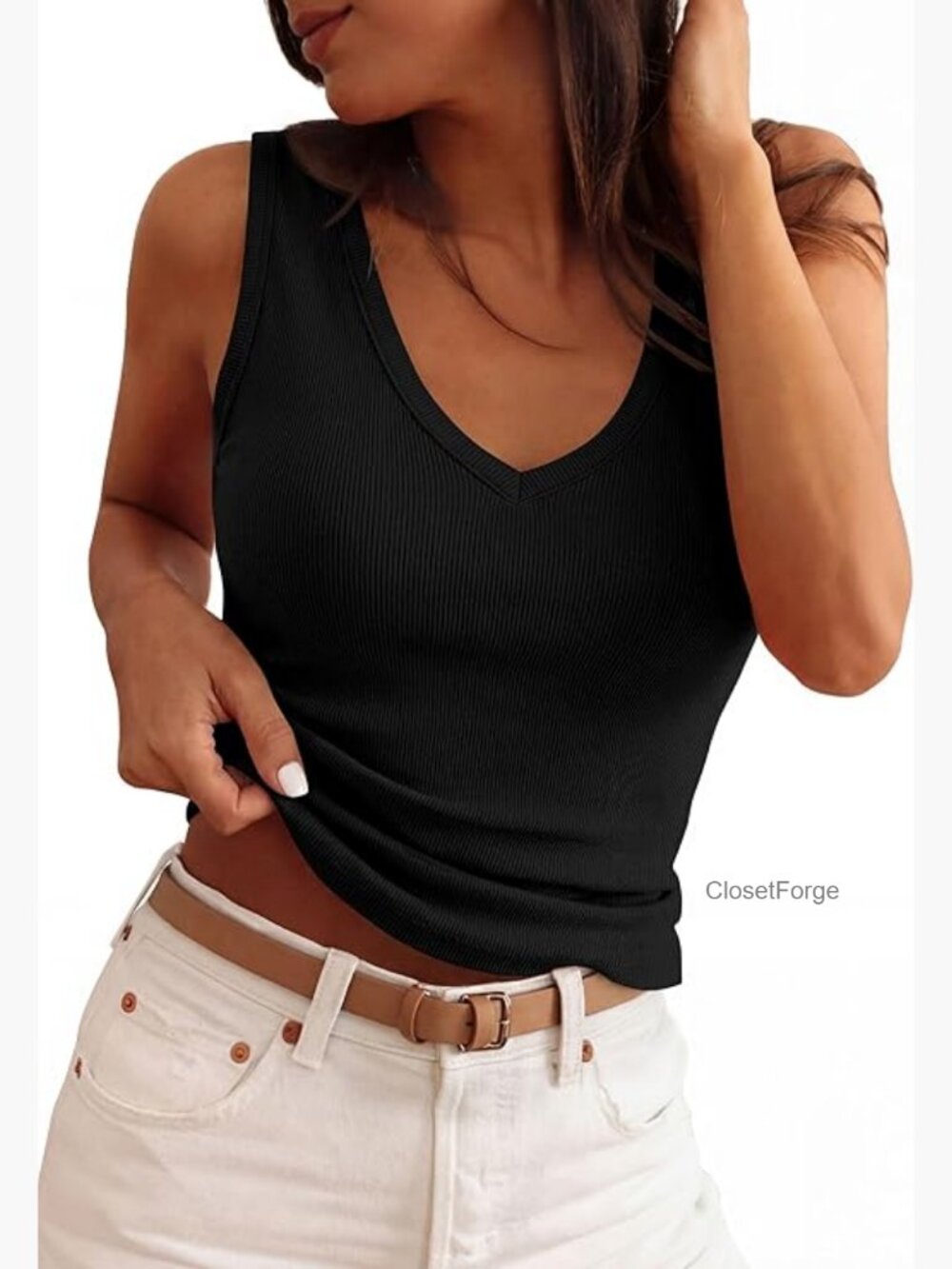 Ribbed Knit Tank Top V Neck Sleeveless Summer Basic Tee Slim Fitted Camisole